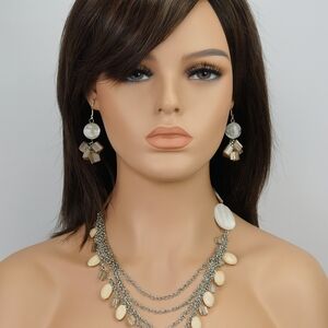 Women's Silver Multi Strand Beaded Long Necklace And Earrings - Fashion Jewelry